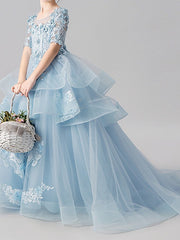 Ball Gown Jewel Neck Sweep Brush Train Pageant Flower Girl Dresses with Sleeves-27dress