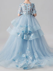 Ball Gown Jewel Neck Sweep Brush Train Pageant Flower Girl Dresses with Sleeves-27dress