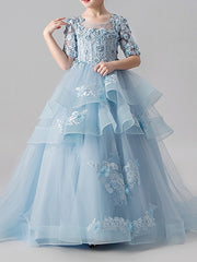 Ball Gown Jewel Neck Sweep Brush Train Pageant Flower Girl Dresses with Sleeves-27dress