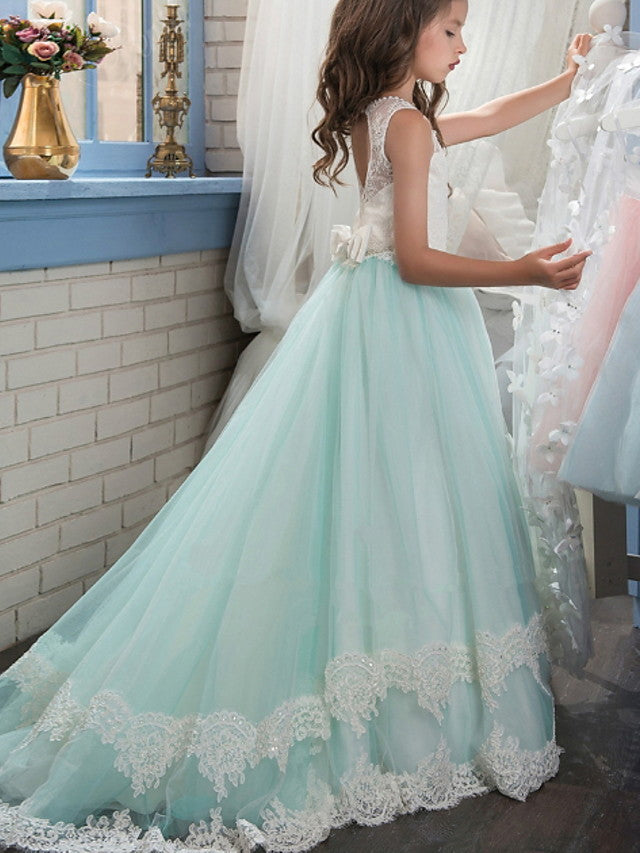 Ball Gown Jewel Neck Wedding Event Party Flower Girl Dresses With Appliques Color Block-27dress