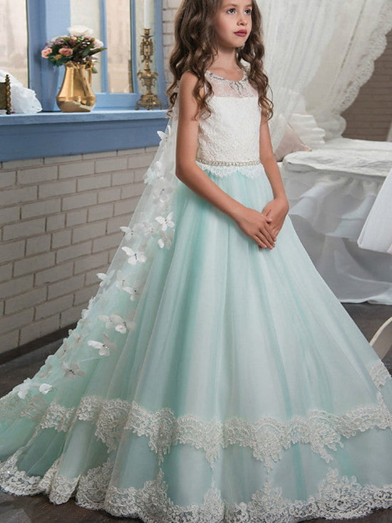 Ball Gown Jewel Neck Wedding Event Party Flower Girl Dresses With Appliques Color Block-27dress