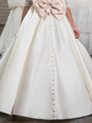 Ball Gown Lace Satin Sweep Brush Train Wedding Birthday Pageant Flower Girl Dresses with Sleeves-27dress