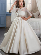 Ball Gown Lace Satin Sweep Brush Train Wedding Birthday Pageant Flower Girl Dresses with Sleeves-27dress