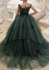 Ball Gown Jewel Neck Lace Tulle Sleeveless Long Flower Girl Dresses