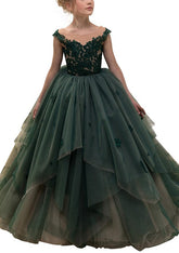 Ball Gown Jewel Neck Lace Tulle Sleeveless Long Flower Girl Dresses