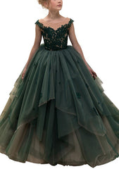 Ball Gown Jewel Neck Lace Tulle Sleeveless Long Flower Girl Dresses