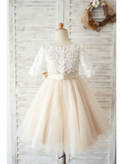 Ball Gown Lace Tulle Half Sleeve Jewel Neck Wedding Birthday Flower Girl Dresses-27dress