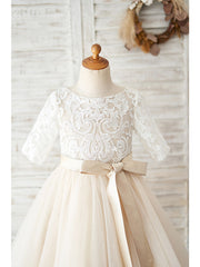 Ball Gown Lace Tulle Half Sleeve Jewel Neck Wedding Birthday Flower Girl Dresses-27dress