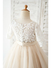 Ball Gown Lace Tulle Half Sleeve Jewel Neck Wedding Birthday Flower Girl Dresses-27dress