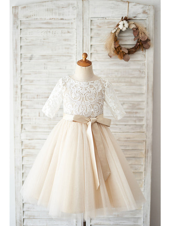 Ball Gown Lace Tulle Half Sleeve Jewel Neck Wedding Birthday Flower Girl Dresses-27dress