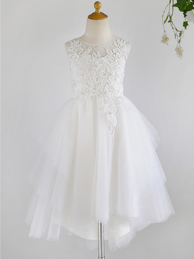 Ball Gown Lace Tulle Sleeveless Jewel Neck Asymmetrical Wedding First Communion Birthday Flower Girl Dresses-27dress