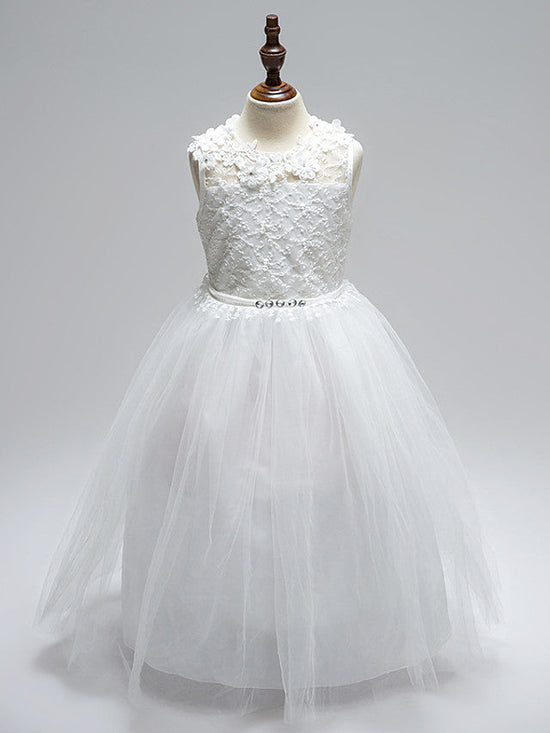 Ball Gown Lace Tulle Sleeveless Jewel Neck First Communion Long Flower Girl Dresses-27dress