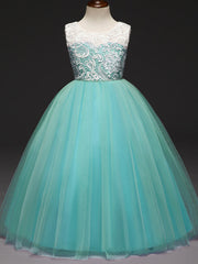 Ball Gown Lace Tulle Sleeveless Jewel Neck Wedding Party Flower Girl Dresses-27dress