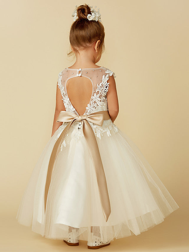 Ball Gown Lace Tulle Sleeveless Jewel Neck Wedding Party Pageant Flower Girl Dresses-27dress