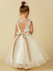 Ball Gown Lace Tulle Sleeveless Jewel Neck Wedding Party Pageant Flower Girl Dresses-27dress