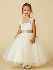 Ball Gown Lace Tulle Sleeveless Jewel Neck Wedding Party Pageant Flower Girl Dresses-27dress