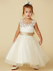 Ball Gown Lace Tulle Sleeveless Jewel Neck Wedding Party Pageant Flower Girl Dresses-27dress