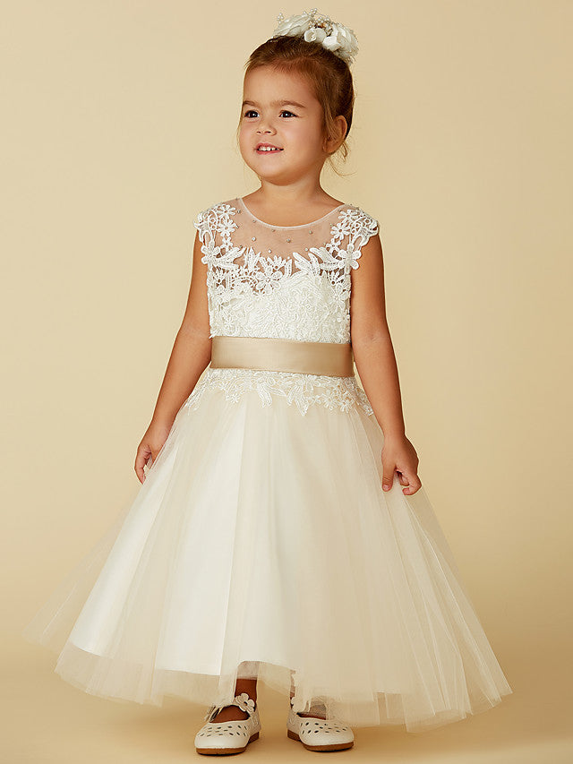 Ball Gown Lace Tulle Sleeveless Jewel Neck Wedding Party Pageant Flower Girl Dresses-27dress