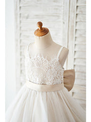 Ball Gown Lace Tulle Sleeveless Spaghetti Strap Wedding Birthday Flower Girl Dresses-27dress