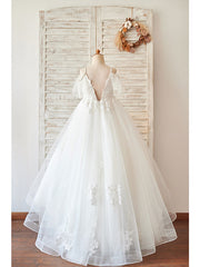 Ball Gown Lace Tulle Sleeveless V Neck Wedding Birthday Flower Girl Dresses-27dress