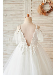 Ball Gown Lace Tulle Sleeveless V Neck Wedding Birthday Flower Girl Dresses-27dress