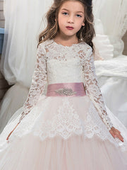 Ball Gown Lace Tulle Sweep Brush Train Wedding Birthday Pageant Flower Girl Dresses with Sleeves-27dress