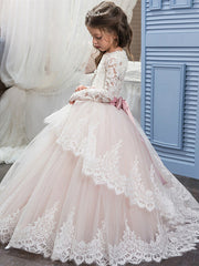 Ball Gown Lace Tulle Sweep Brush Train Wedding Birthday Pageant Flower Girl Dresses with Sleeves-27dress