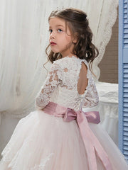 Ball Gown Lace Tulle Sweep Brush Train Wedding Birthday Pageant Flower Girl Dresses with Sleeves-27dress