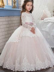 Ball Gown Lace Tulle Sweep Brush Train Wedding Birthday Pageant Flower Girl Dresses with Sleeves-27dress