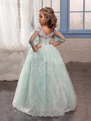 Ball Gown Lace Tulle Sweep Brush Train Wedding Party Flower Girl Dresses with Sleeves-27dress