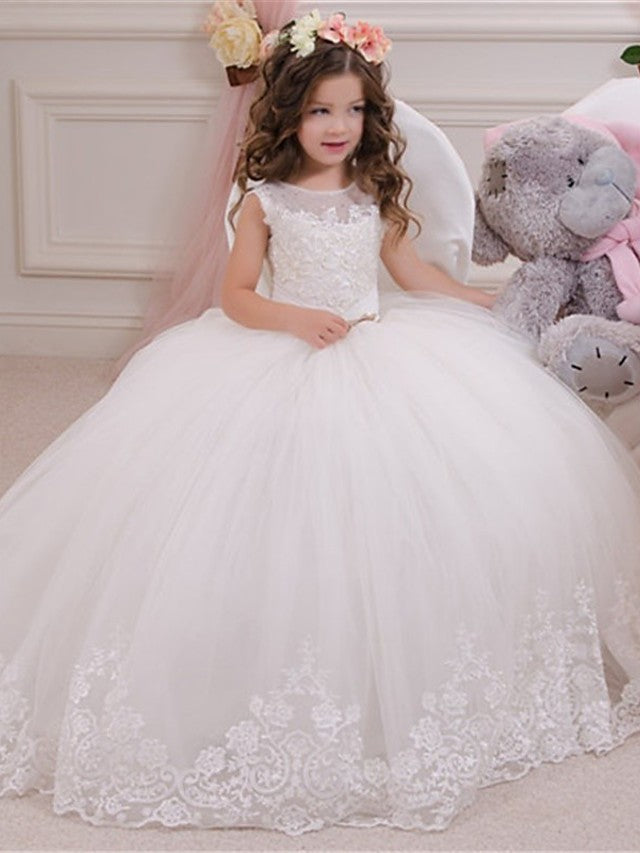 Ball Gown Lace Tulle Sweep Brush Train Wedding Party Flower Girl Dresses-27dress