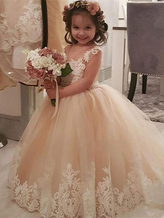 Ball Gown Lace Tulle Sweep Brush Train Wedding Party Flower Girl Dresses-27dress