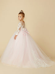 Ball Gown Lace Tulle Wedding Party Pageant Flower Girl Dresses with Sleeves-27dress