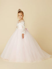 Ball Gown Lace Tulle Wedding Party Pageant Flower Girl Dresses with Sleeves-27dress