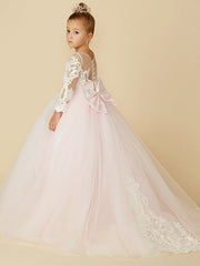 Ball Gown Lace Tulle Wedding Party Pageant Flower Girl Dresses with Sleeves-27dress