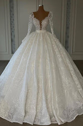 Ball Gown Long Sleeves Wedding Dress Lace V-Neck-27dress