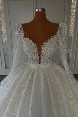 Ball Gown Long Sleeves Wedding Dress Lace V-Neck-27dress