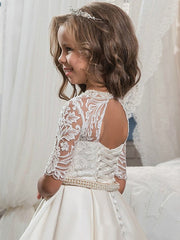 Ball Gown Matte Satin Jewel Neck Sweep Brush Train Wedding Birthday Pageant Flower Girl Dresses with Sleeves-27dress