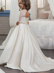 Ball Gown Matte Satin Jewel Neck Sweep Brush Train Wedding Birthday Pageant Flower Girl Dresses with Sleeves-27dress