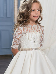 Ball Gown Matte Satin Jewel Neck Sweep Brush Train Wedding Birthday Pageant Flower Girl Dresses with Sleeves-27dress