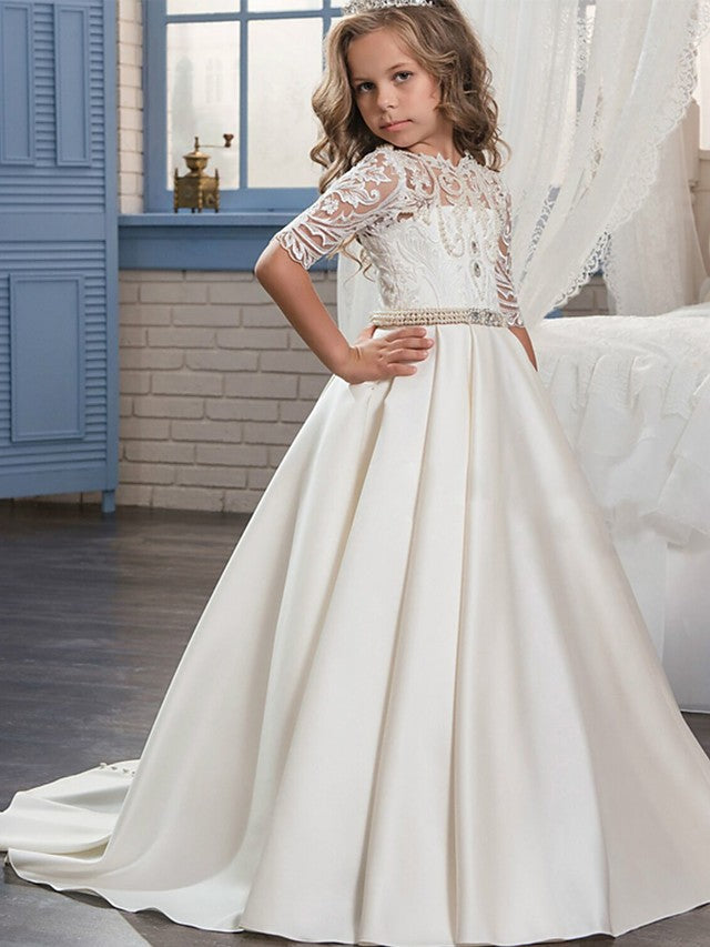Ball Gown Matte Satin Jewel Neck Sweep Brush Train Wedding Birthday Pageant Flower Girl Dresses with Sleeves-27dress