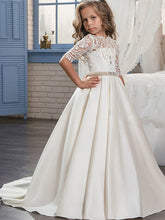 Ball Gown Matte Satin Jewel Neck Sweep Brush Train Wedding Birthday Pageant Flower Girl Dresses with Sleeves-27dress