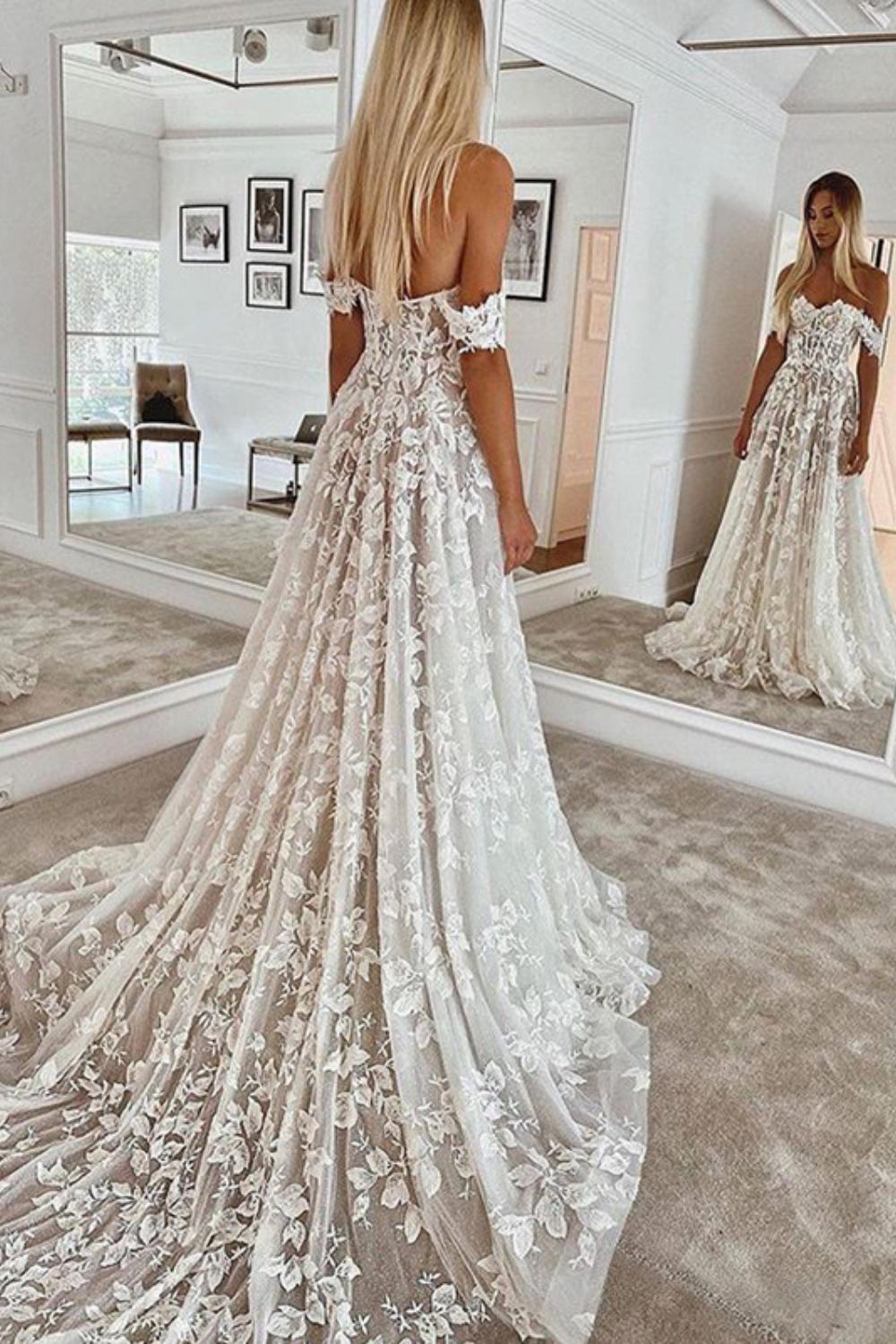 Ball Gown Off-the-Shoulder Lace Sweep Train Wedding Dress with Appliques-27dress