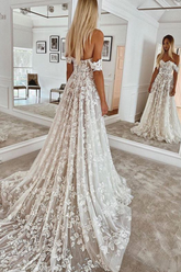Ball Gown Off-the-Shoulder Lace Sweep Train Wedding Dress with Appliques-27dress