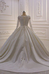 Ball Gown Satin Long Sleeves Wedding dress Jewel Ruffles Flowers Bedaings Bridal Gowns On sale-27dress