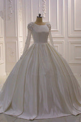 Ball Gown Satin Long Sleeves Wedding dress Jewel Ruffles Flowers Bedaings Bridal Gowns On sale-27dress