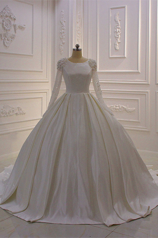 Ball Gown Satin Long Sleeves Wedding dress Jewel Ruffles Flowers Bedaings Bridal Gowns On sale-27dress