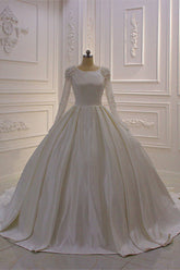 Ball Gown Satin Long Sleeves Wedding dress Jewel Ruffles Flowers Bedaings Bridal Gowns On sale-27dress