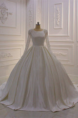 Ball Gown Satin Long Sleeves Wedding dress Jewel Ruffles Flowers Bedaings Bridal Gowns On sale-27dress