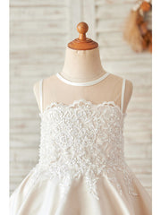 Ball Gown Satin Sleeveless Jewel Neck Wedding Birthday Flower Girl Dresses-27dress